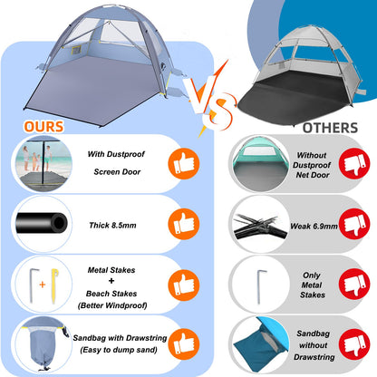 Happy Travel Beach Tent Sun Shelter for 3/4/5/6/7/8 Person, Portable UPF 50+ UV Protection Beach Shade Canopy for Family & Baby, Lightweight & Easy Setup Beach Cabana with 3 Ventilation Mesh Windows