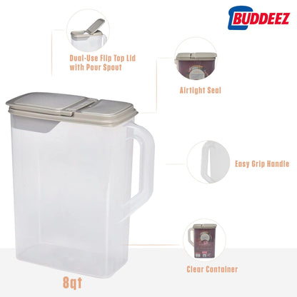 Buddeez Pet Food Storage Container - 8 Quart Capacity Bird Seed Container & Dog Food Storage, with Durable EZ Grip Handle and EZ Flip Lid with Pour Spout