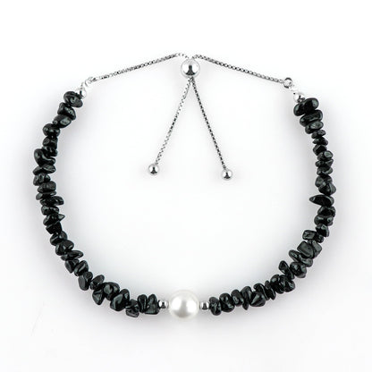 CRYSTALIS Natural Black-Spinel Beads Slider Bolo Bracelet with Elegant Pearl, Uncut Chips Nuggets Crystals, Chakra Healing Gemstone, Women Jewelry, 925 Sterling Silver Slider 10 inch