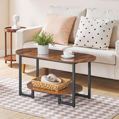 HOOBRO Coffee Table for Living Room, Oval Small Coffee Table with 2-Tier Open Storage Shelf, Industrial Cocktail Tea Table, Wooden Desktop Center Table, Farmhouse, Home Office, Rustic Brown BF09KF01