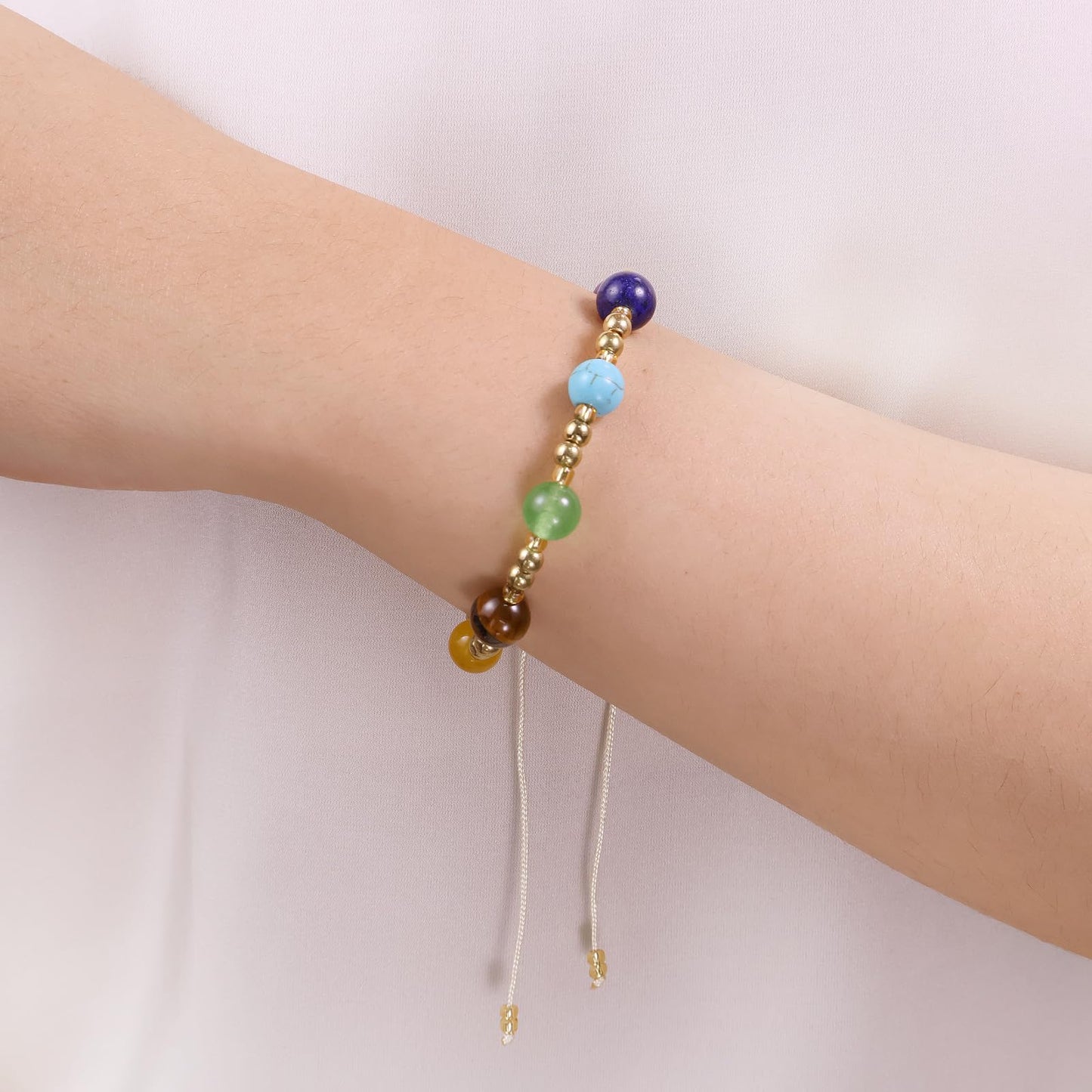 Mnblkjpoi Chakra Pearl Bracelets Gold Rope for Women Trendy, Round Natural Stone Balance for Meditation, Energy, Spiritual Protection, and Mental Health, Anniversary Birthday Valentine's Day Gifts.