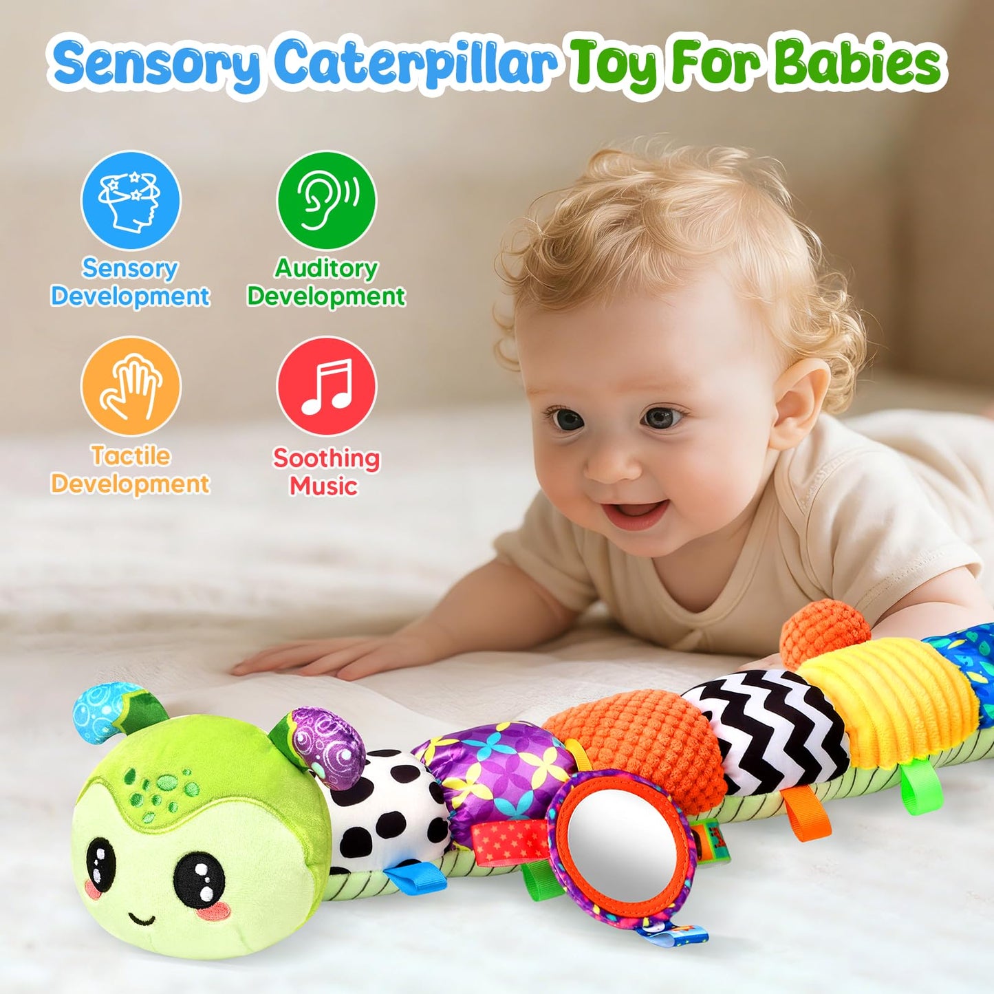 Musical Caterpillar Baby Toys 0-6 6-12 Months, Multi-Functional Sensory Tummy Time Toys for Newborn Infants Boys & Girls, Developmental Stuffed Animal Toys, Baby Shower & Baby Gifts
