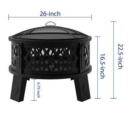 Fire Beauty 26" Steel Fire Pit with Grill & Diamond Mesh Design,360° Airflow Tech for 80% Less Smoke,XL Flames,Heavy-Duty Portable Outdoor Fire Bowl for Camping, Backyard, Beach (22lbs, 4 Handles)