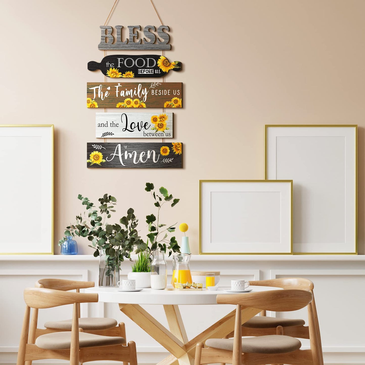 Wesiti 5 Pieces Kitchen Wall Decor Bless the Food Before Us Sign Farmhouse Rustic Dining Room Wall Art Wooden Hanging Signs for Kitchen Decor Hanging Plaque for Home(Sunflower)