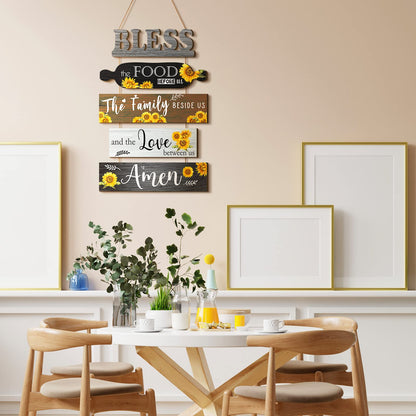 Wesiti 5 Pieces Kitchen Wall Decor Bless the Food Before Us Sign Farmhouse Rustic Dining Room Wall Art Wooden Hanging Signs for Kitchen Decor Hanging Plaque for Home(Sunflower)