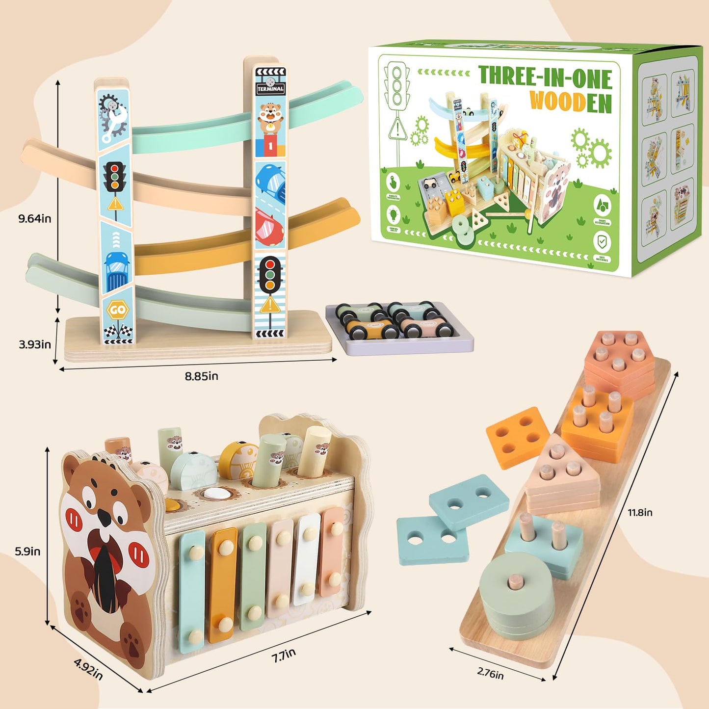 Wooden Montessori Toys for 1 Year Old, Pounding Hammering Toy with Xylophone & Fishing Game, Car Ramp Toy, Stacking Blocks & Shape Sorter 3 in 1 Wooden Toddler Toys 1 2 3 for Christmas Easter Gifts