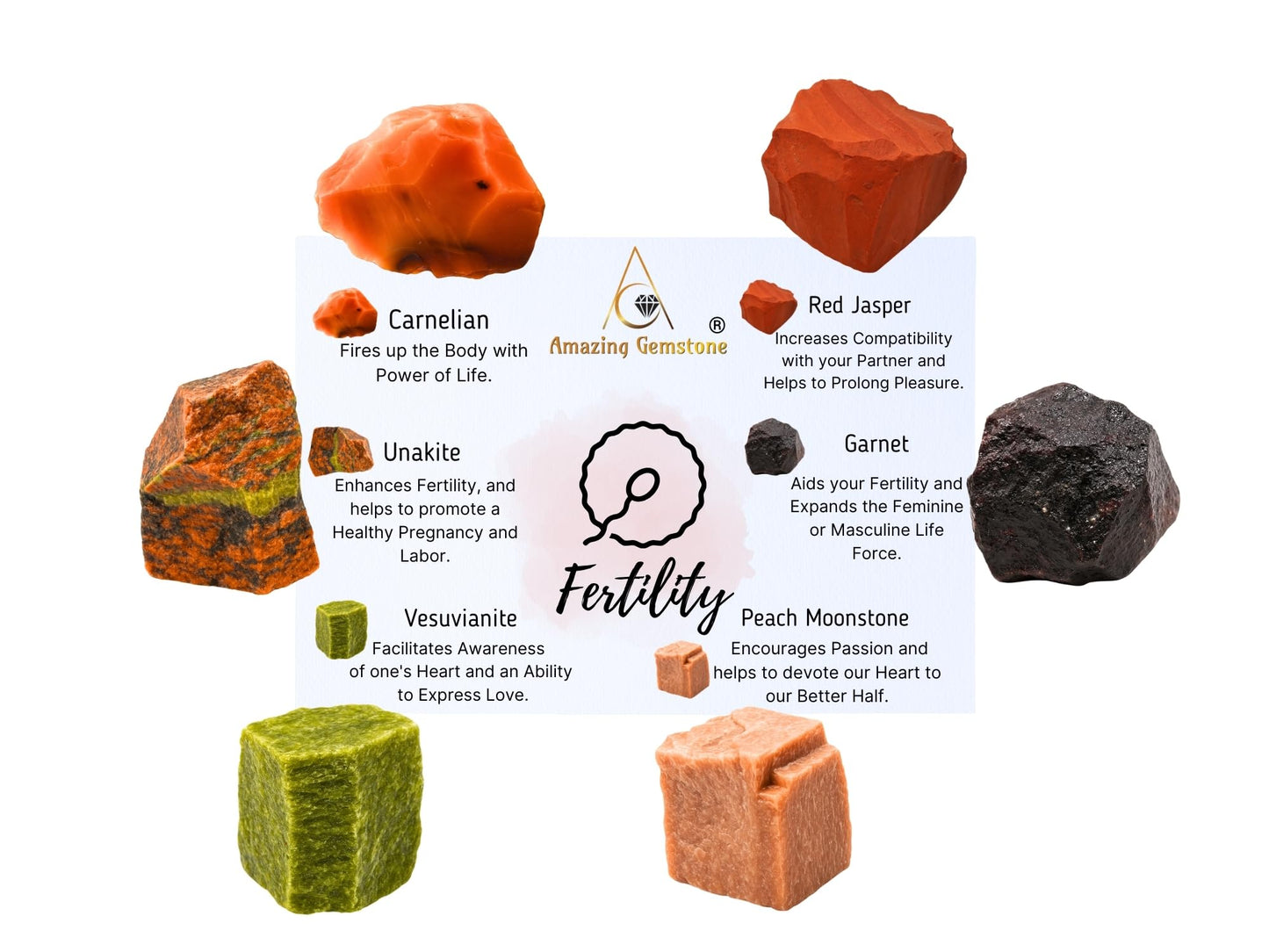 Amazing Gemstone Crystals for Fertility Manifestation, Set of 6 Carnelian, Unakite, Peach Moonstone, Garnet, Red Jasper and Vesuvianite Healing Crystals and Stones