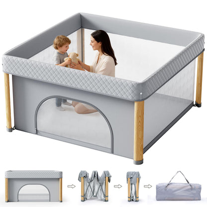 Cbcvvaer Foldable Baby Playpen, 59x59 Foldable Play Pen for Babies and Toddlers, Portable Playpen Indoor Outdoor, Kids Safety Area Travel Play Yard with Storage Bag Grey