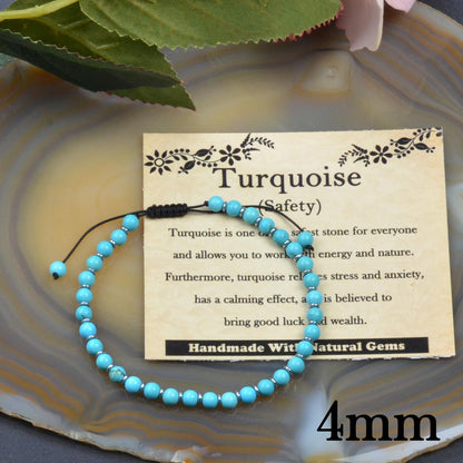CHCCOYE 4mm Handmade Adjustable Natural Gemstone Crystal Bracelet Healing Power Energy Inspirational Gifts with Card for Unisex (Turquoise)
