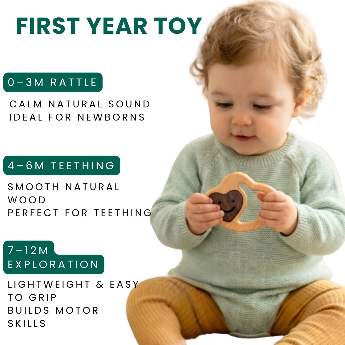 Wooden Baby Rattle & Teething Ring Heart | Natural Montessori Teething Toy Babies 0-3 3-6 6-12 Months | Non-Toxic Organic Hardwood Teether | Safe Sensory Toy Boys Girls | Baby Gift