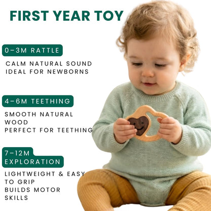 Wooden Baby Rattle & Teething Ring Heart | Natural Montessori Teething Toy Babies 0-3 3-6 6-12 Months | Non-Toxic Organic Hardwood Teether | Safe Sensory Toy Boys Girls | Baby Gift