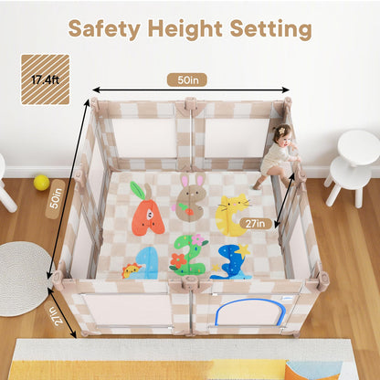 Tiny Marvels Baby Playpen, 50 x 50 in Play Pen for Babies and Toddlers, Foldable Baby Playpen, Play Yard for Infants with Breathable Mesh, Playard with Gate (Sand Checks,Mat not Included)