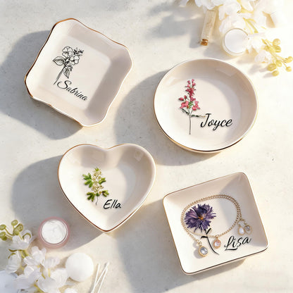Personalized Ceramic Ring Dish, Personalized Birth Flower Jewelry Dish for Women, Personalized Besties Photo Ring Dish, Custom Jewelry Dish Gift for Besties, Anniversary Birthday Wedding Gifts (A)