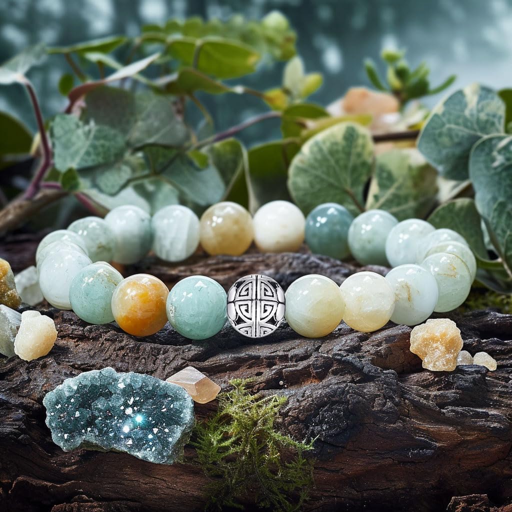 MetJakt Healing Crystals Beaded Bracelets for Womens Natural Gemstone 8mm Beads Stretch Bracelets with 925 Sterling Silver Double Happiness Pendant (Amazonite)