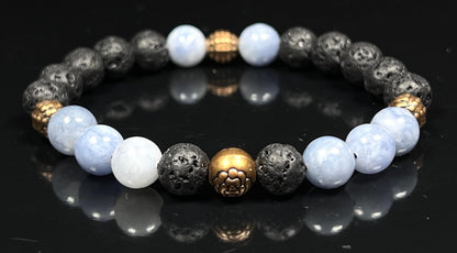 AWAKEN YOUR KUNDALINI Lava Rock & Aquamarine Stretch Bracelet – 8mm Beads, Copper Spacers