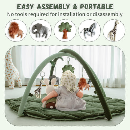 Baby Play Gym with Mat Leaf Shaped, Baby Play Mat with 5 Hanging Toys Tummy Time Mat, Baby Gym Activity Center, Washable (Green)