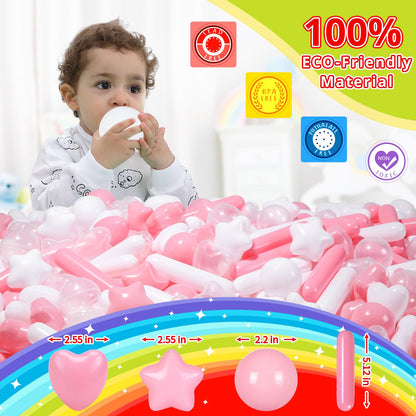 STARBOLO Ball Pit Balls for Kids -200pcs Stars Hearts Strips Crush Proof Play Balls Plastic Macaron Toy Balls for Ball Pit, Baby Pool Water Toys, Play Tent, Birthday Party Decoration