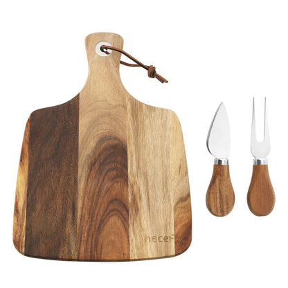 hecef Cheese Board set of 3,a Acacia Wood Cheese Plate, a Knife, a Fork, Charcuterie Board Platter Slate Serving Set for Appetizer Birthdays, Weddings, Housewarming (Cheese board with 2 knives)