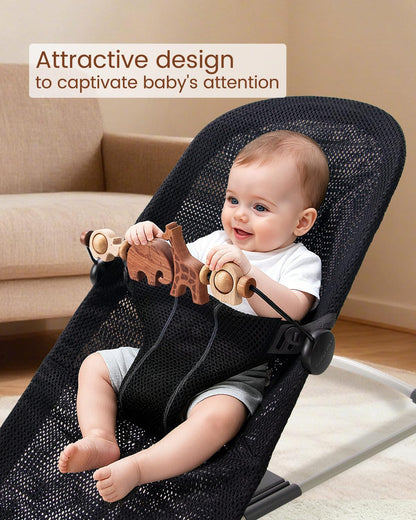 TinlyFinly Baby Bouncer Toy Bar Wooden Compatible with Baby Bjorn, Bouncer Toy Attachment Tight and Secure Fit, So Fun to Watch, Touch and Spin for Babies All Ages - Animals
