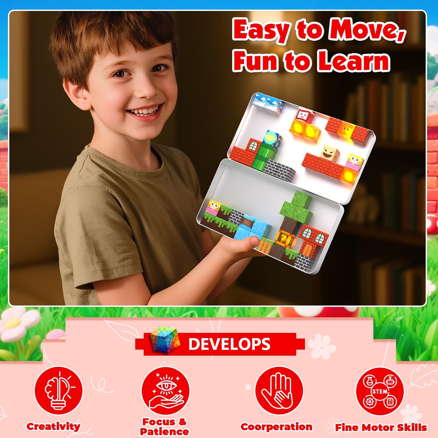 Goody King 45pcs Travel Toys Magnetic Blocks with Metal Box, Light up Magnetic Blocks, Educational STEM Toys for Kids 3 4 5 6 7 8 9 10, Travel Construction Play Set, Christmas Birthday Gifts
