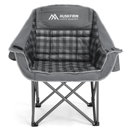Huskfirm Oversized Camping Chair Padded Camping Chairs Heavy-Duty Foldable Camping Chairs with Cup Holder and Cooler Bag Portable Lawn Chair for Sports Outdoors-Support 450LBS, Grey