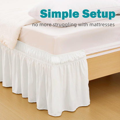 Vocander White Queen Size Bed Skirt 14 Inch Drop, Elastic Wrap Around Dust Ruffle Bed Skirting Easy to Install, Adjustable Tailored Bedskirts Fade & Wrinkle Resistant, Bedroom Decor