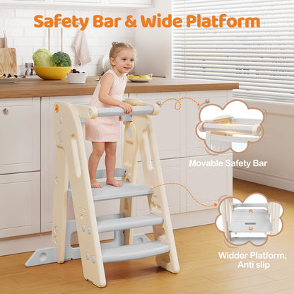 Onasti Foldable Toddler Tower Kitchen Stool Helper, Adjustable Height Learning Standing Tower with Safety Rail, Anti-Slip Steps, Kids Step Stool for Kitchen Counter and Bathroom Sink-Grey