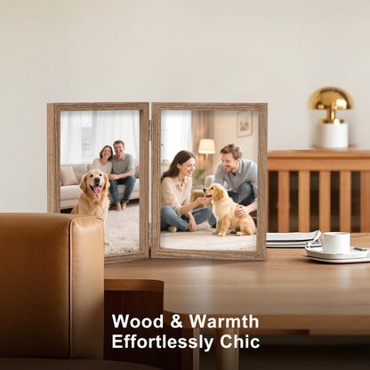 FOREV 4x6 Double Picture Frame Wooden Hinged Photo Frame Definition Glass Stand Vertically on Desktop or Tabletop