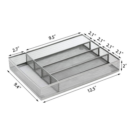 JANE EYRE Drawer Organizer, Cutlery Tray Silverware Flatware Storage Divider for Kitchen, Mesh Wire with Non-slip Foam Feet, 5 Component, Silver