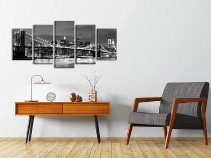 Wieco Art New York Brooklyn Bridge Canvas Wall Art Night View 5 Panels Modern Landscape Artwork Canvas Prints Abstract Pictures to Photo Canvas Wall Decor for Home & Office Decorations