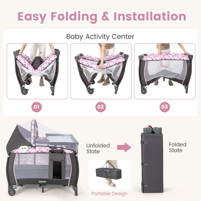 INFANS 4 in 1 Pack and Play, Portable Travel Baby Playard with Bassinet, Changing Table, Canopy, Mosquito Net, Hanging Toys, Music Box, Storage Bag, Large Playpen from Newborn to Toddlers (Pink)