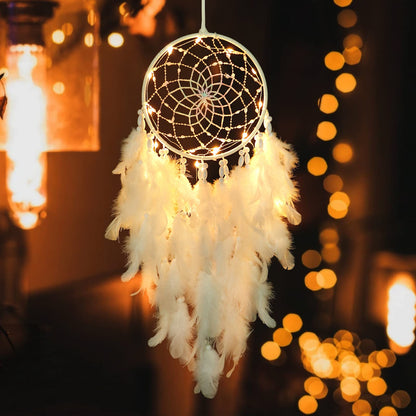 Dremisland White Feathers Dream Catcher Wall Hanging Elegant Wall Art Room Decoration for Windows Balcony Bedroom Wedding Party Gift for Girls and Kids (with Lights)