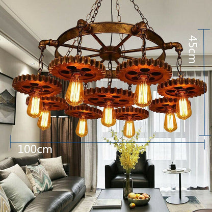 Flhonudi 9-Light Retro Industrial Pendant Light Metal Gear Hanging Lamp Farmhouse Chandelier Pendant Lamp Fixture Adjustable Height for Restaurant Pool Table Kitchen Island Bar