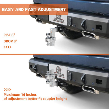 Adjustable Aluminum Trailer Hitch Ball Mount for 2" Receiver, Includes 2.5" Sleeve Adapter, 8" Drop/Rise, Dual Ball 2" & 2-5/16", 12,500 lbs GTW, Hitch Tightener with Locking Pins