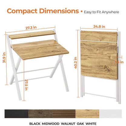 GreenForest Portable Small Desk No Assembly, 2-Tier Compact Computer Desk with Shelf, Space Saving Foldable Table for Home Office, Bedroom or Apartment, Portable Collapsible Sturdy Laptop Desk, Oak