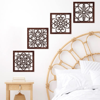Yulejo 4 Piece Thicken Rustic Wall Decor - Wooden Hollow Carved Design Rustic Wall Art for Living Room, Bedroom, Hallway, Office, Kitchen (Brown, Black)