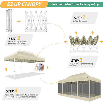 COBIZI 10x20 Canopy Tent with 6 Sidewalls,Heavy Duty Pop up Canopy with Mosquito Netting,Easy up Screen Tent for Parties Wedding Outdoor Patio with Roller Bag,Khaki