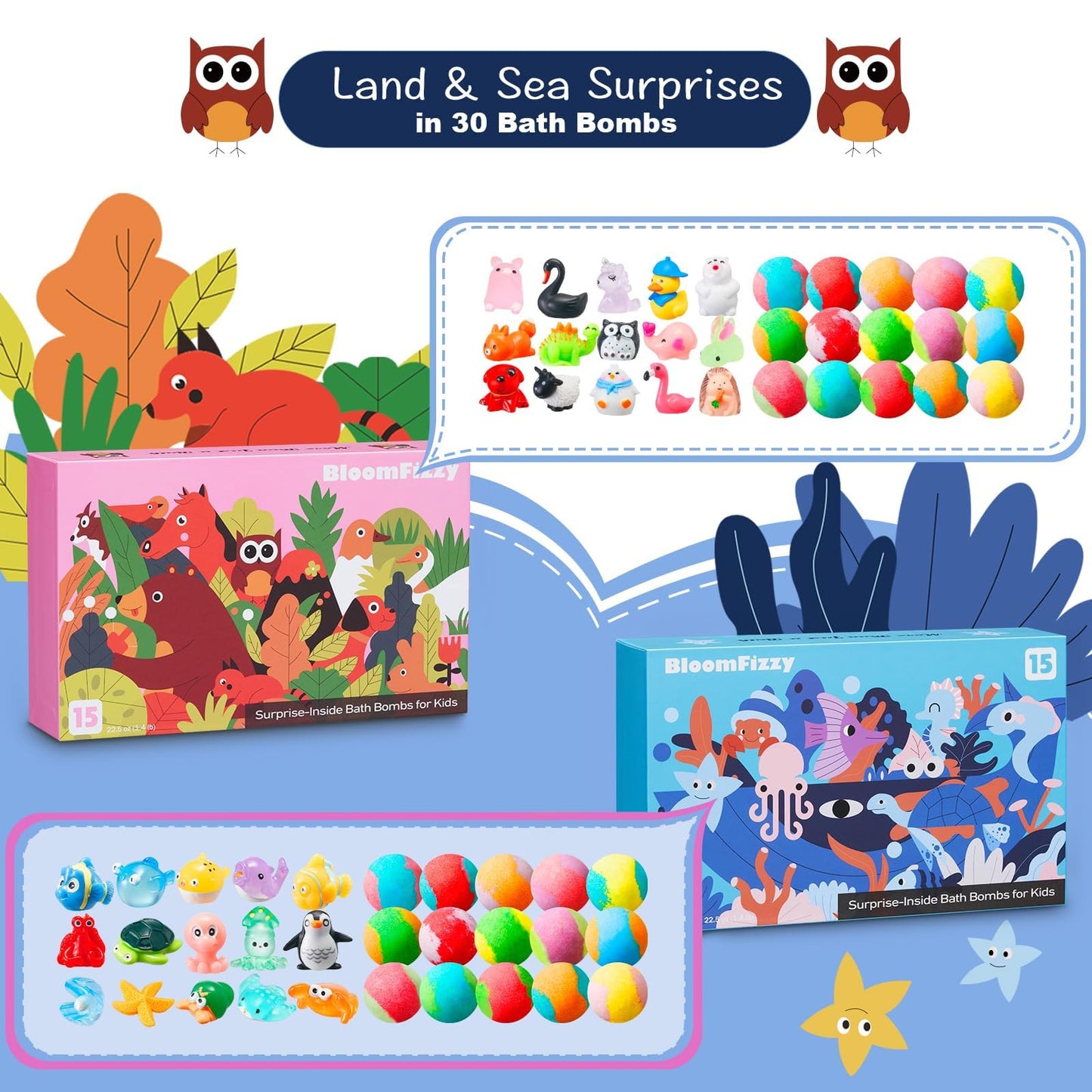 30 Kids Bath Bombs with Surprise Inside – Gift Set with 30 Unique Land & Sea Animal Toys, Fun, Educational, and Child-Safe Natural Bath Bombs with Toys, Great Gift for Kids’ Birthdays & Christmas