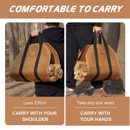 G GOOD GAIN Firewood Carrier Waxed Canvas with Handles, Wood Carrier for Firewood, 39x18 Inch Heavy Duty Firewood Storage Tote, Fireplace Log Carrier Indoor Bag, Wood Stove Accessories. Rust