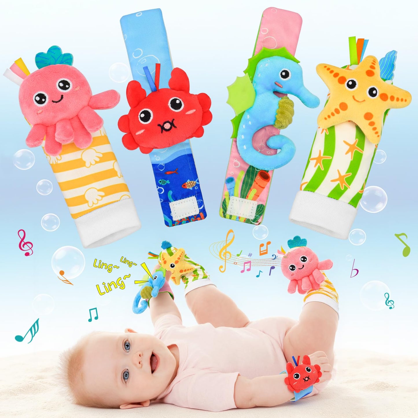 Zendstanding Baby Wrist Rattle Foot Finder Socks Set, CPC Safe Sensory Plush Toys for 0-12 Months Newborn Boys Girls, Ocean Rattles Baby Shower Registry Gift for Expecting Moms Essentials