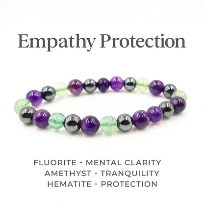 PRECIOUS PEBBLE Amethyst, Fluorite, Hematite Bracelet for Men & Women – Natural 8mm Beads for Calm, Focus & Inner Balance – Adjustable Stretch Fit Crystal Bracelets for Daily Wear & Meaningful Gift