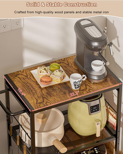 Feyejade Microwave Cart with Adjustable Shelves 3-Tier, Rolling Kitchen Cart with Push Handle, Microwave Stand with Storage, Small Utility Cart with Drawer Slider Shelf for Kitchen, Living Room
