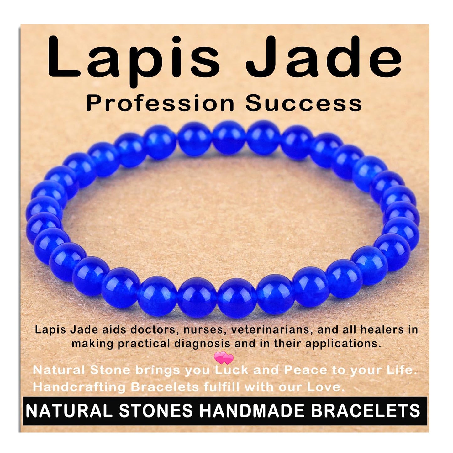 AD Beads Handmade Gemstone Stretch Elastic Bracelet Crystal Healing Reiki Nature's Beauty and Spiritual Essence Unisex (6mm, Blue Lapis Jade (Profession Success))