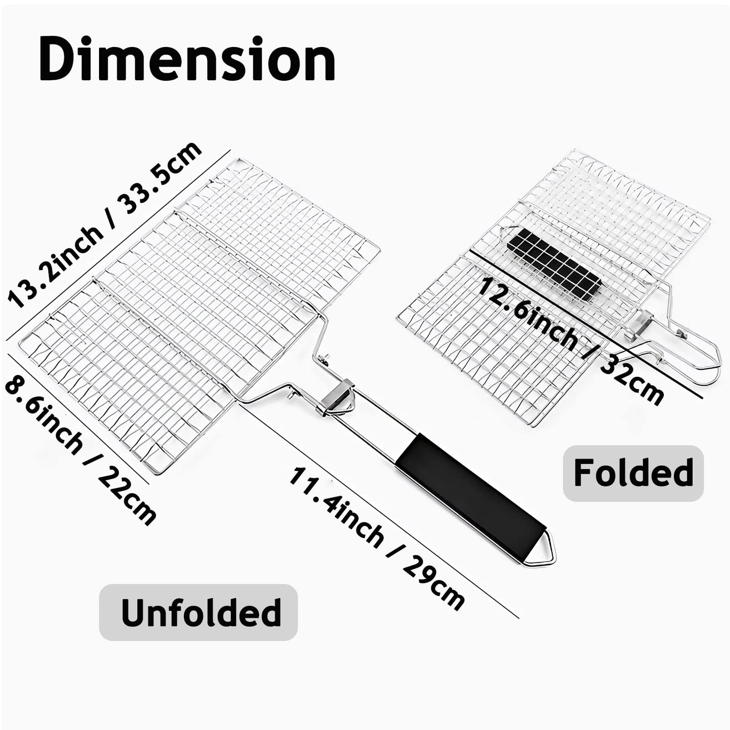 Fish Basket for Grilling- BBQ Basket Stainless Steel Barbecue Basket with Foldable Handle, Portable Outdoor/Camping Grilling Accessories, Grill Vegetable Basket for All Grills（13.2 X 8.6 Inches）