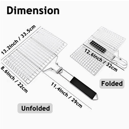 Fish Basket for Grilling- BBQ Basket Stainless Steel Barbecue Basket with Foldable Handle, Portable Outdoor/Camping Grilling Accessories, Grill Vegetable Basket for All Grills（13.2 X 8.6 Inches）