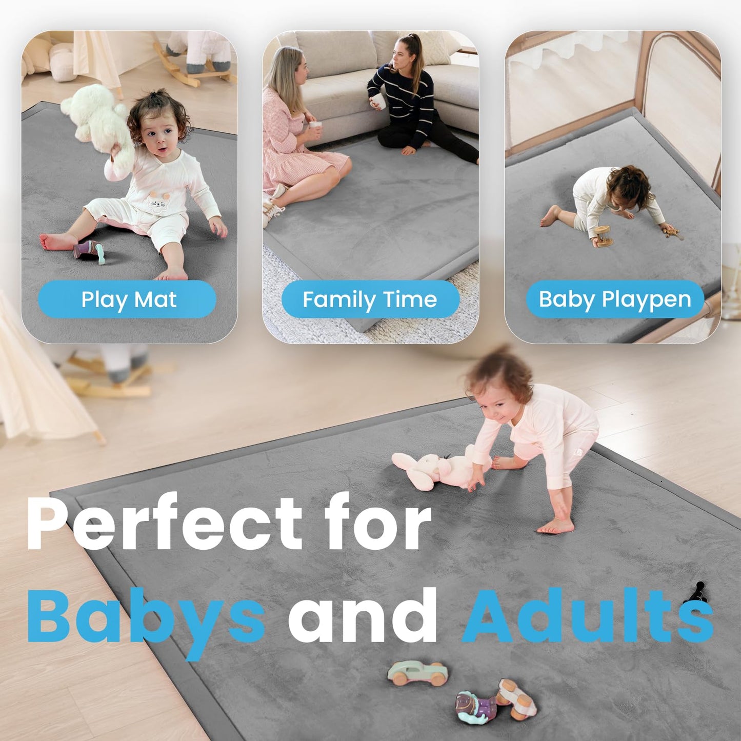 PaPaMat 1.3" Thick Baby Play Mat for Floor Playpen, 50x50 Foam Tummy Time Mat, Padded Support Soft Plush Nursery Rug for Infant Kids Toddler Crawling Kick Activity (Dark Grey)