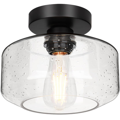 Industrial Semi Flush Mount Ceiling Light, 800 Lumen LED Bulb Included, Seeded Glass Shade Farmhouse Light Fixture for Hallway Corridor Kitchen Bathroom Bedroom Passway