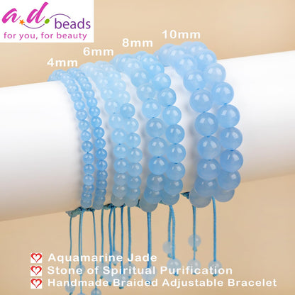 AD Beads 8mm Aquamarine Jade - Spiritual Purification - Handmade Natural Stone Crystal Bracelet with Adjustable Macrame String - Yoga Healing Power Energy Gifts for Men and Women