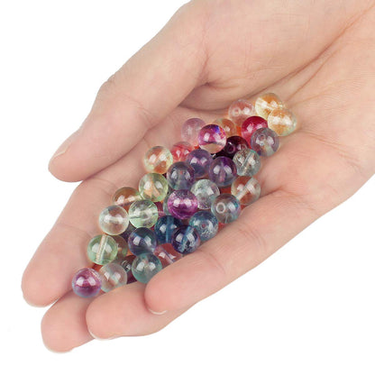 70PCS Natural 8MM Healing Gemstone, Fluorite Energy Stone Round Loose Beads, Semi-Precious Crystal Beads with Free Elastic String for Jewelry Making DIY