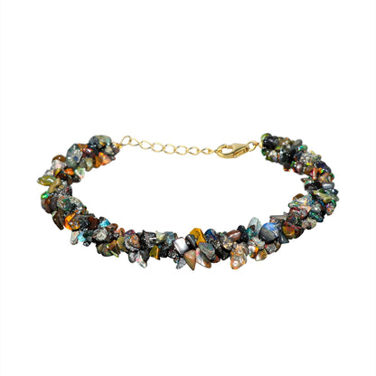 CRYSTALIS Natural Black-Opal Beads Braided Rope Bracelet, Chips Nuggets Beaded Gemstones, Chakra Healing Stones, Womens Jewelry, 14K Gold Plated 925 Sterling Silver Bracelet 8 inch